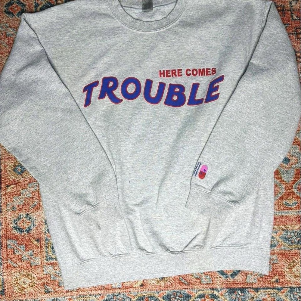 Champion Gray 'Here Comes Trouble' Women's Crewneck Sweater